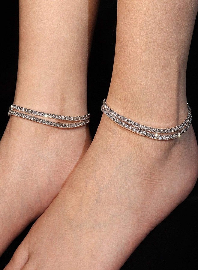 Wovanoo 4Pcs Crystal Ankle for Women Cubic Zirconia Tennis Stretch Anklets Diamond Elastic Foot Chain White - Image 3